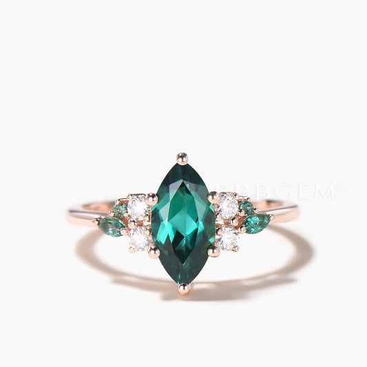 Marquise Cut Emerald Cluster Engagement Ring Moissanite Rose Gold Ring