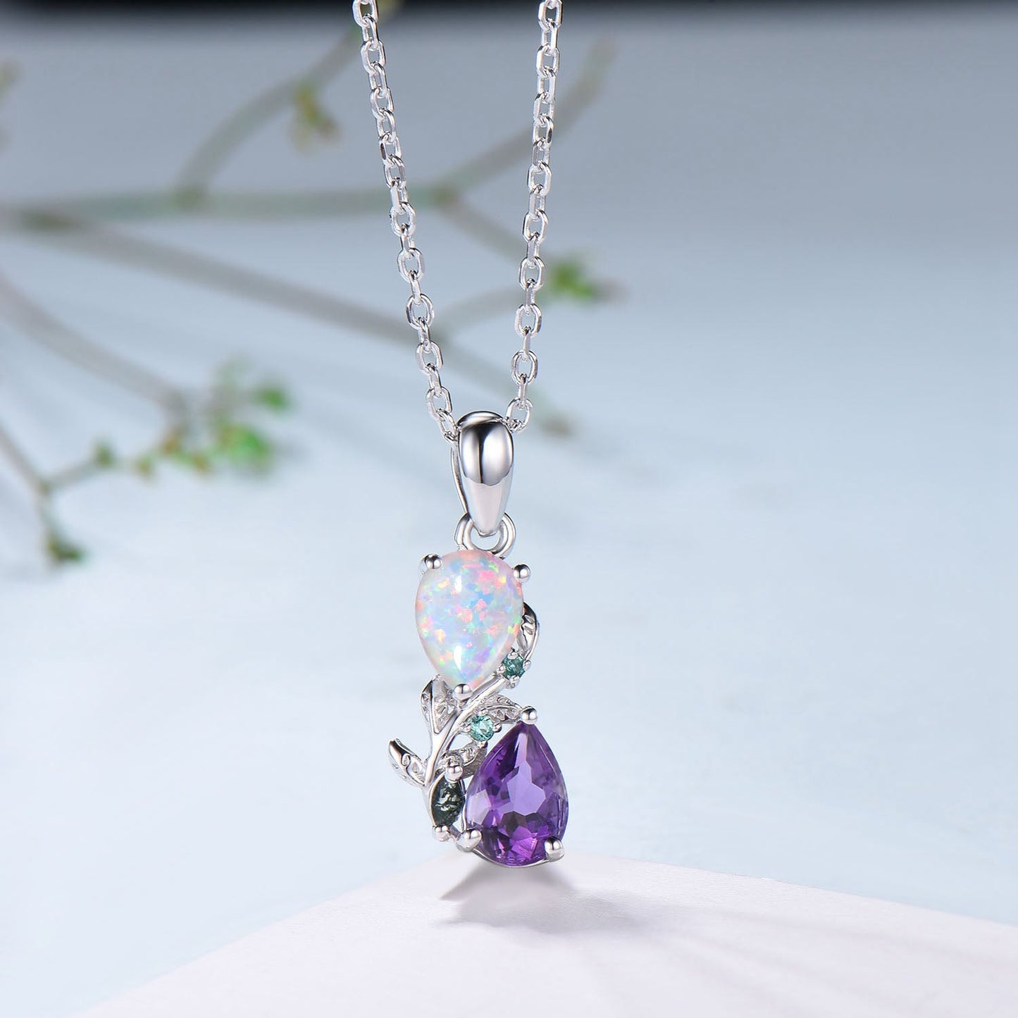Nature Inspired Opal Amethyst Pendant Necklace Women Unique Alternative Stud Earrings Branch Snake pear shaped leaf wedding set promise gift