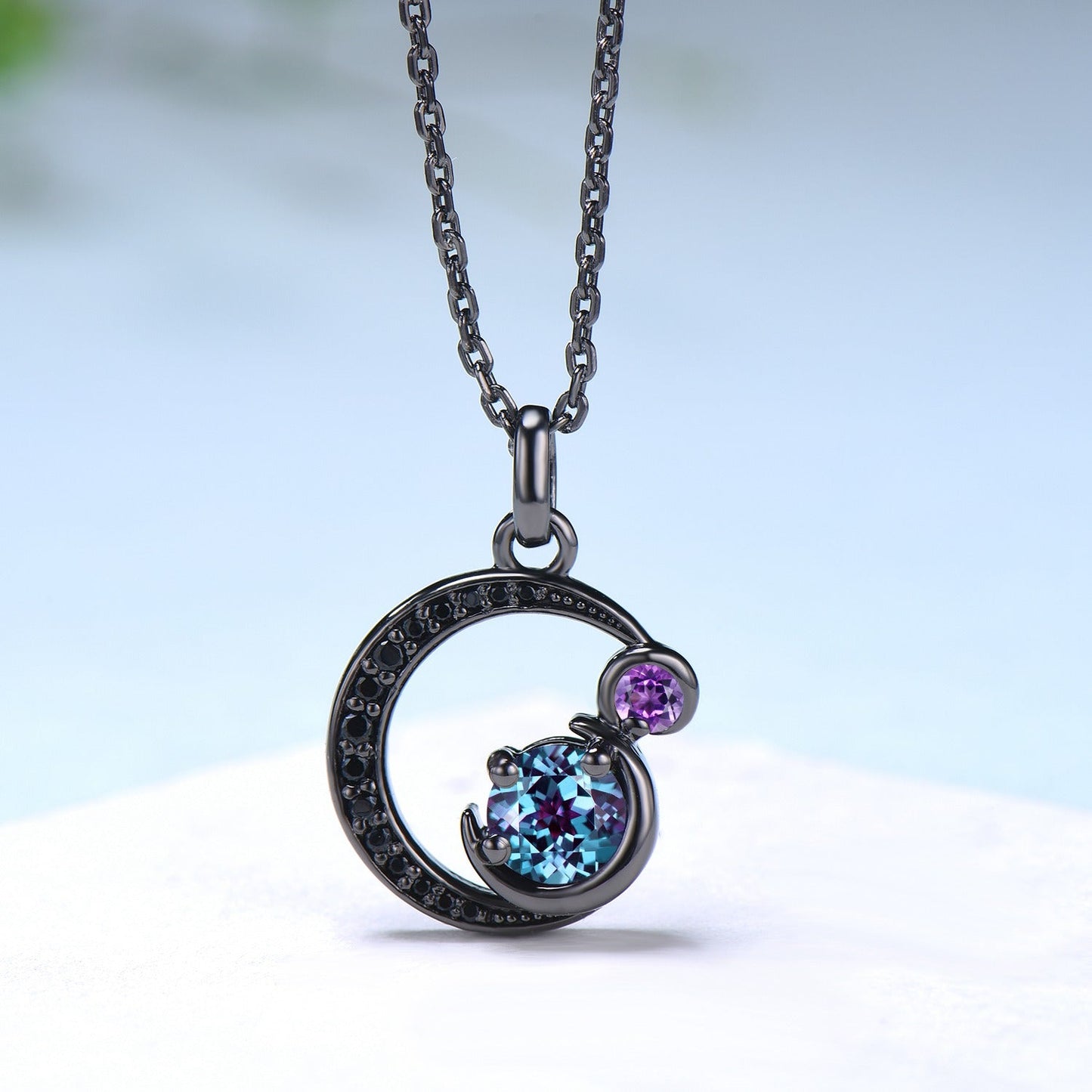 Unique Black Gold Alexandrite Necklace Magic Crescent Moon Amethyst Black Spinel Pendant Necklace Halloween Gothic Anniversary gift for girl
