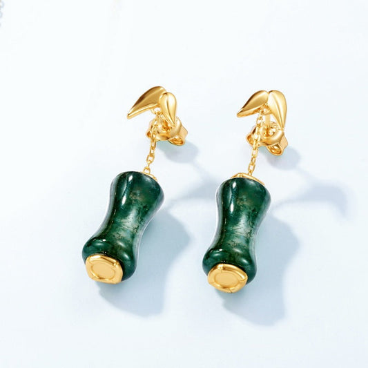 Zen Bamboo Moss Agate Dangle Earrings Elegant Forest Jewelry