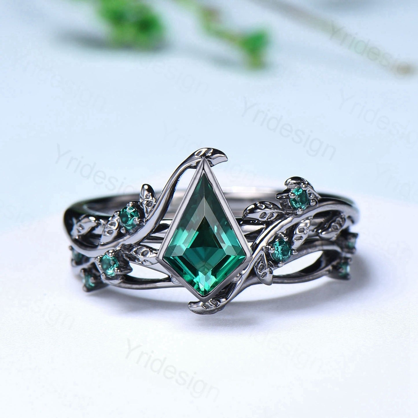 Gothic Forest Vine Kite Cut Emerald Engagement Ring Set | Black Gold & Bezel Wedding Set