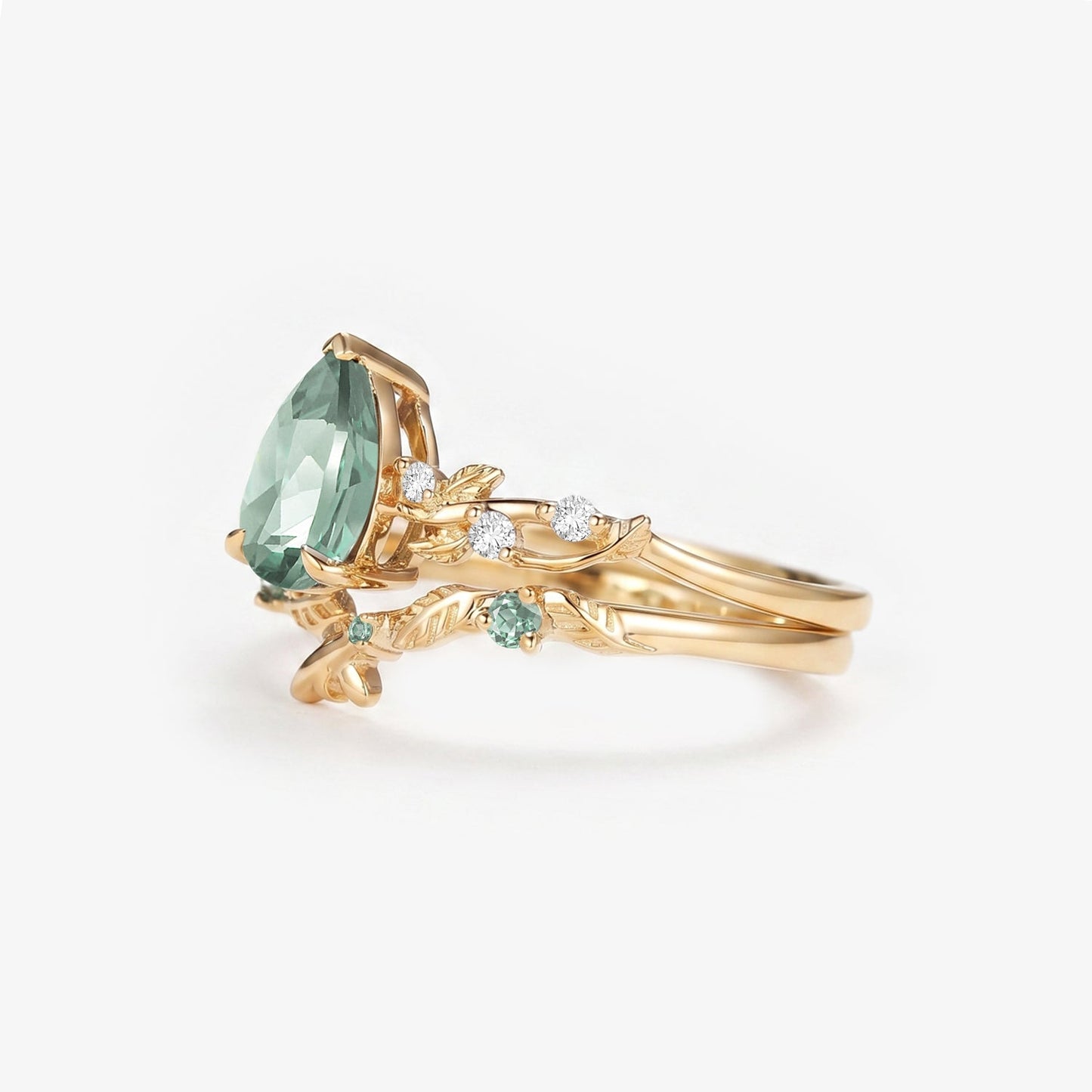 Pear Cut Lab Green Sapphire Leaf Vintage Engagement Ring Sets - Flora