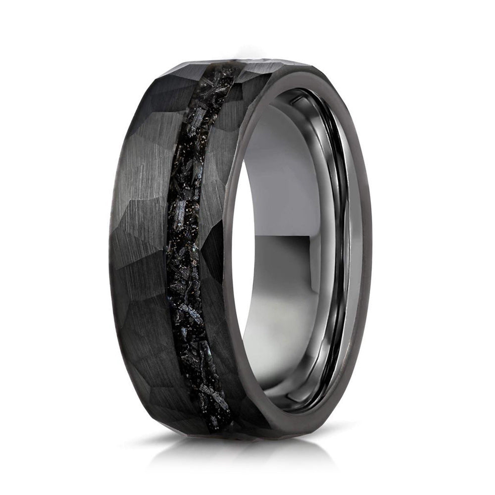8mm tungsten men's wedding band steel hammered black ring inlaid with broken meteorite