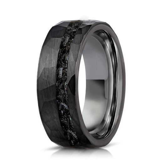 8mm tungsten men's wedding band steel hammered black ring inlaid with broken meteorite
