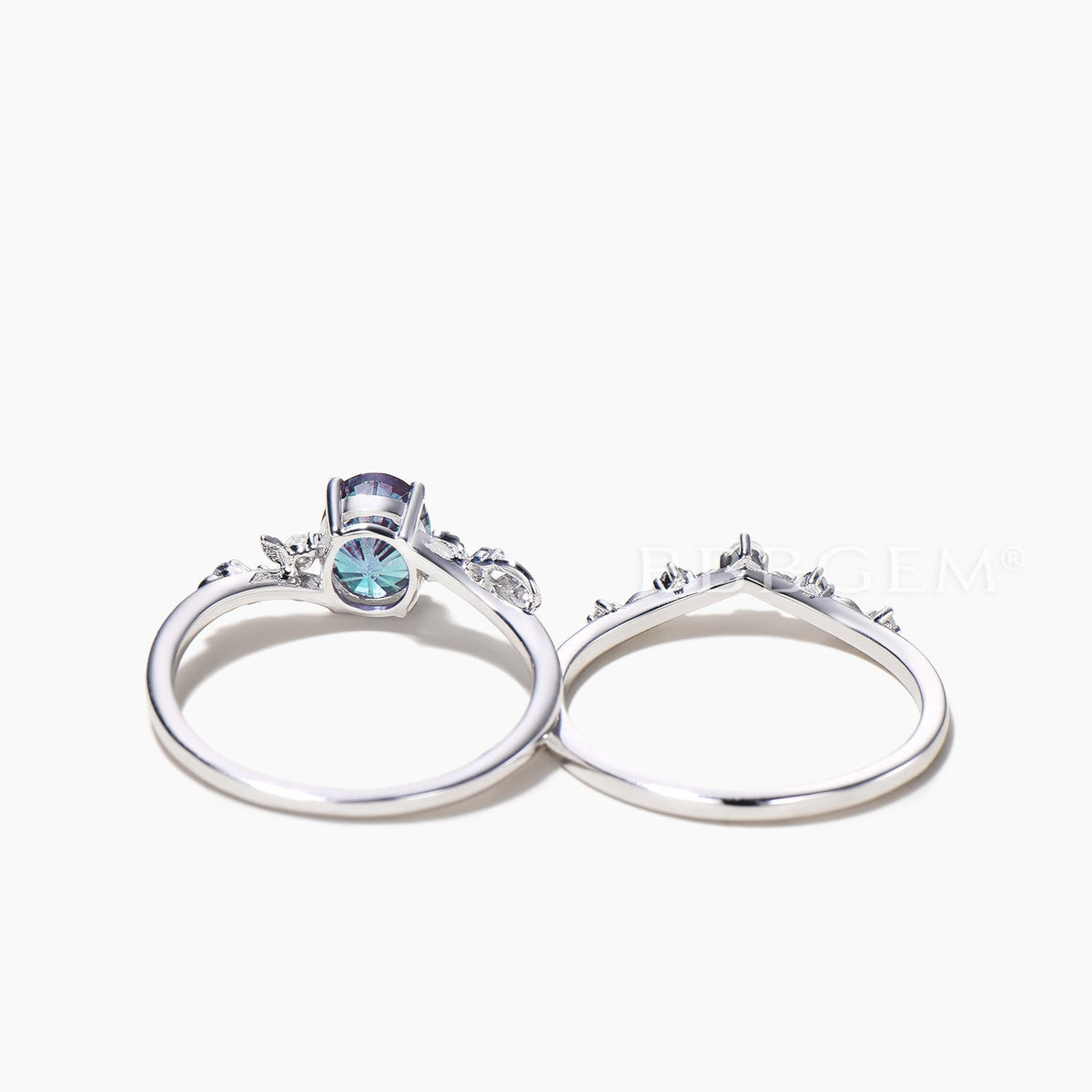 Oval Cut Color-change Alexandrite Wedding Ring Moonstone Leaf Inspired Ring Set