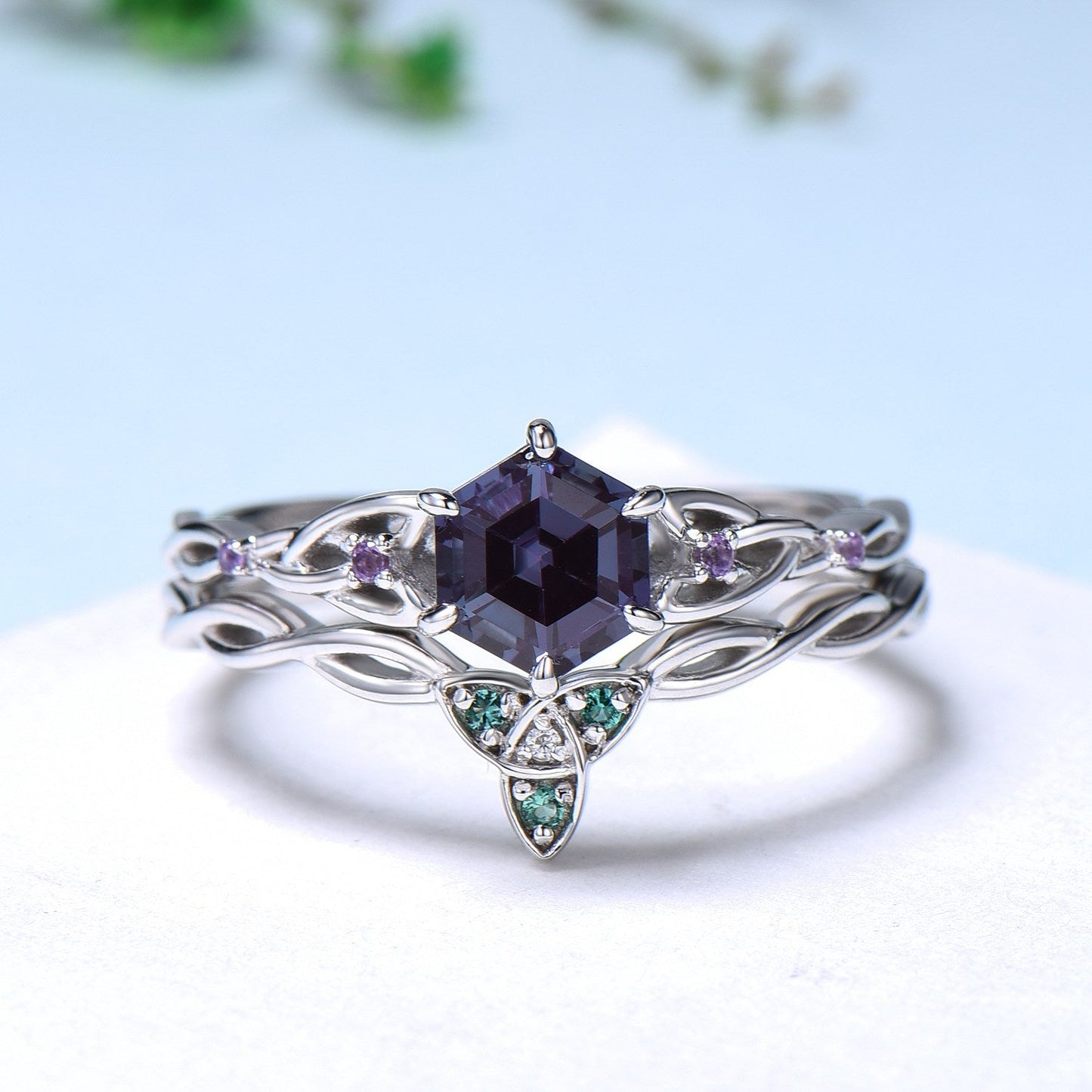 Norse Viking Hexagon Alexandrite Ring Set Celtic Love Knot Alexandrite Amethyst Engagement Ring Unique Twisted Wedding Ring Set For Women