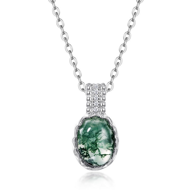 Vintage Oval Natural Moss Agate Necklace Filigree Forest Green Pendant
