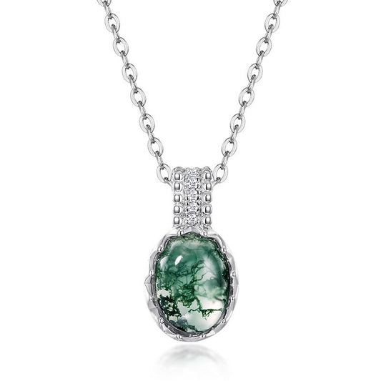 Vintage Oval Natural Moss Agate Necklace Filigree Forest Green Pendant