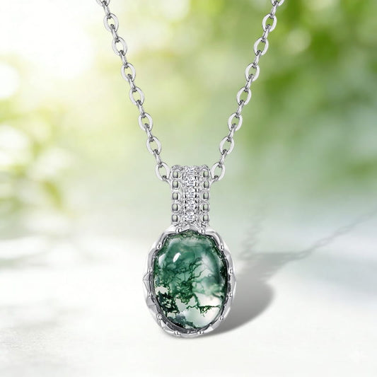 Vintage Oval Natural Moss Agate Necklace Filigree Forest Green Pendant