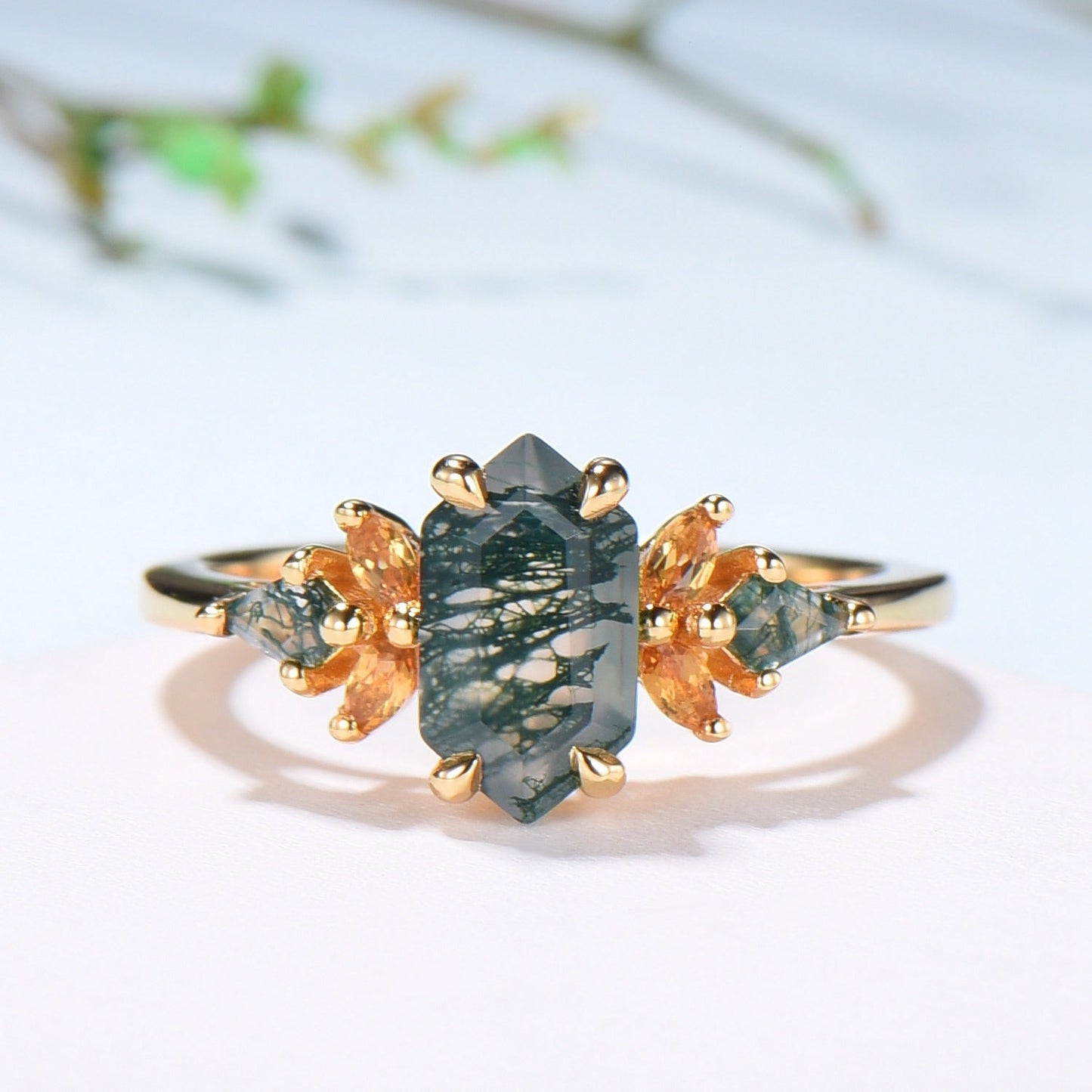 Elongated Hexagon Moss Agate Ring with Citrine Accents - Woodland Sunburst Ring