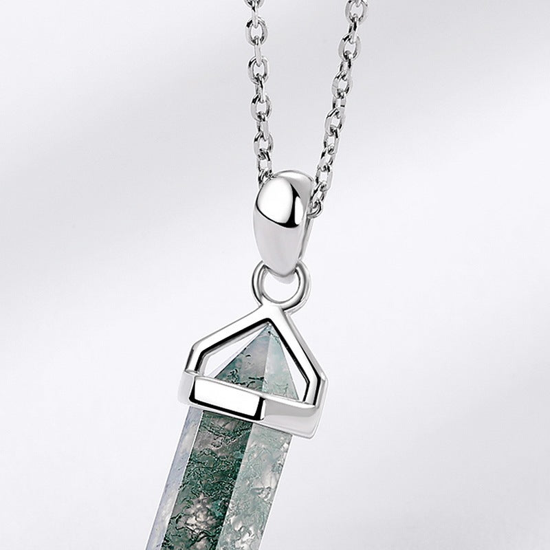 Long Hexagon Cut Guardian Tower Moss Agate Necklace Pendant