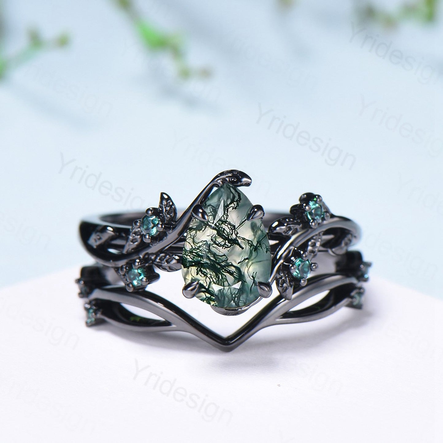 Black gold pear shaped moss agate wedding ring set, Nature inspired green agate twig vine engagement ring set, Leafy bridal ring set for her