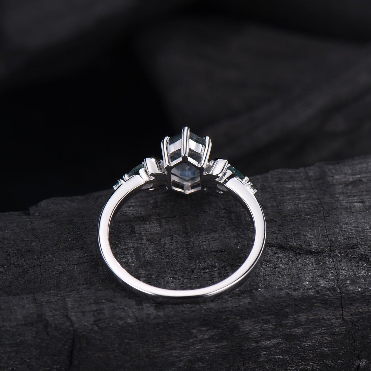 Elongated Hexagon Moss Agate Engagement Ring | Crescent Moon Vintage Gothic Ring