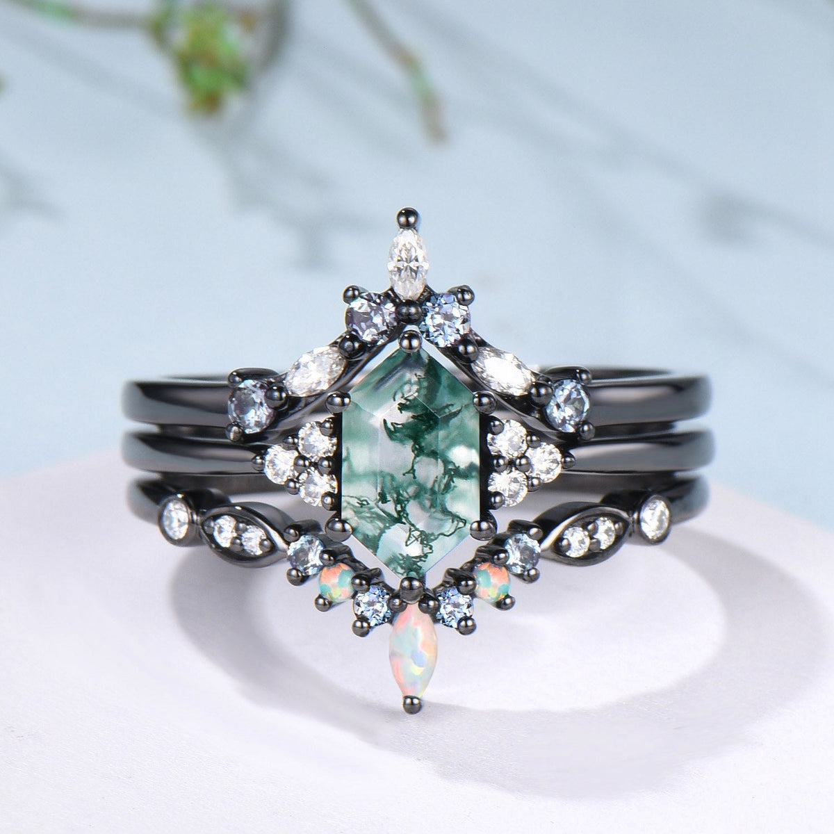3pcs Black Gold Moss Agate Wedding Ring Set, Long Hexagon Natural Green Agate Gothic Engagement Ring, Unique Alexandrite Opal Stacking Band