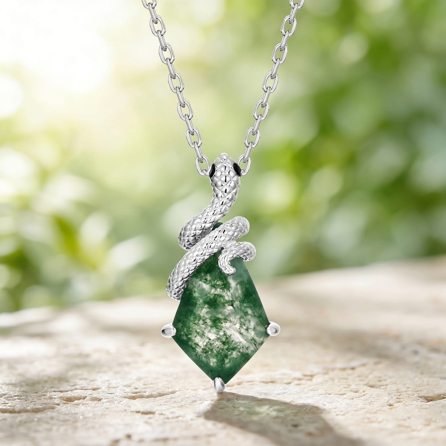 Luxury Snake Kite Cut Green Moss Agate Pendant Necklace