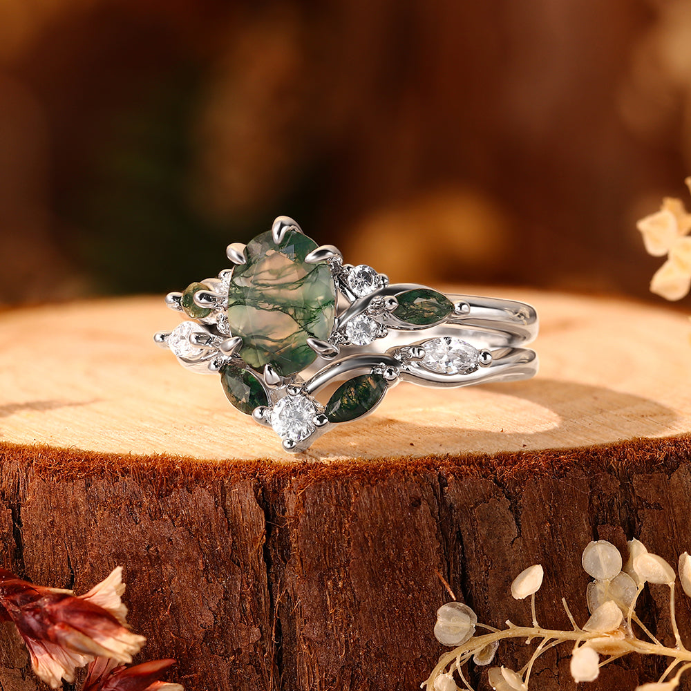 Enchanted Forest Moss Agate Ring Set - Handcrafted Leaf & Vine Bridal Set - Whimsical Nature-Inspired Gold Jewelry Gift for Her