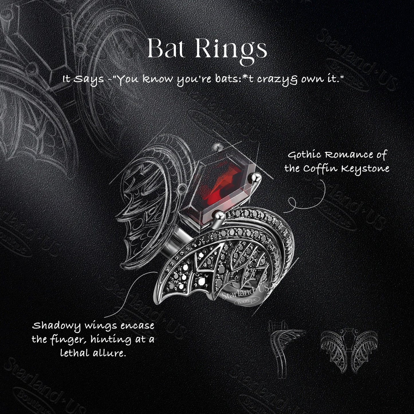 Gothic Bat Wing Inspired Coffin Cut Garnet Vintage White Gold Bridal Set 2pcs - Bat Ring