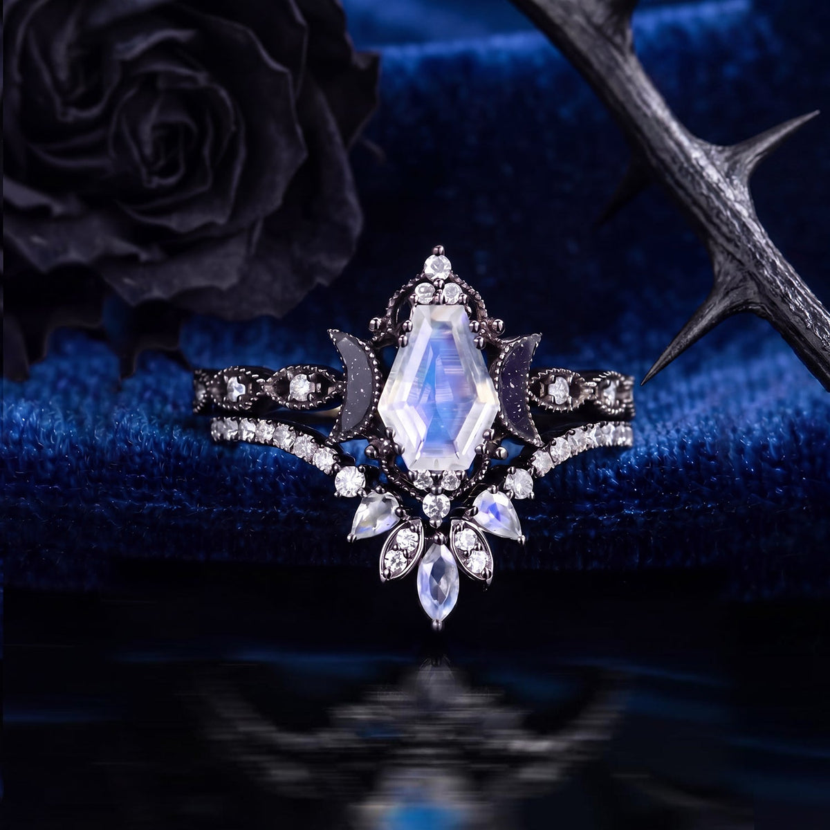 Crescent Moon | Coffin Cut Moonstone 'Ultra Galaxy' Engagement Ring Set 2pcs