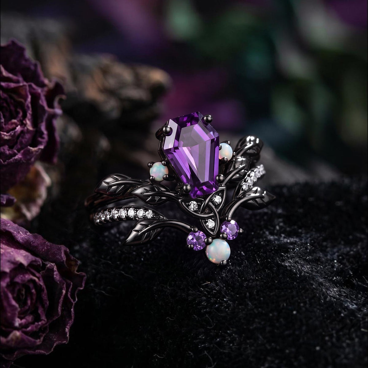 Celtic Calendar | 1.21-2.17 | Coffin Amethyst Nature Inspired Rowan Leafy Celtic Ring Set 2pcs