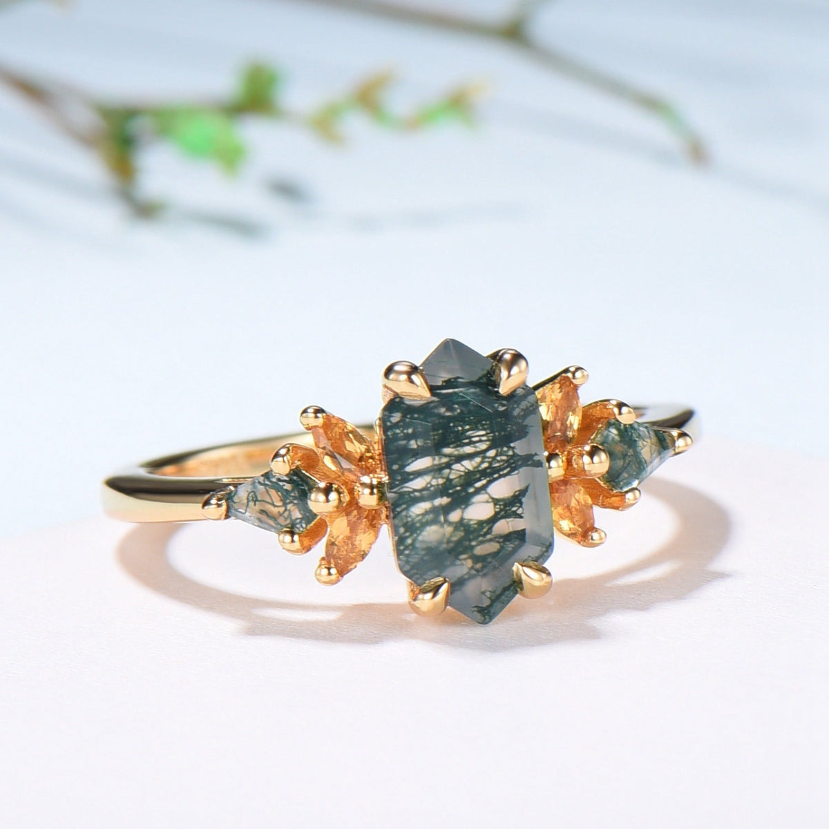 Elongated Hexagon Moss Agate Ring with Citrine Accents - Woodland Sunburst Ring