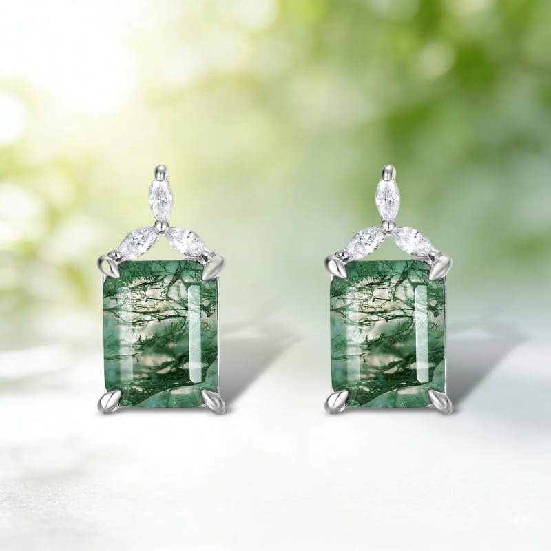 Elegant Forest Emerald Cut Moss Agate Earrings - Sophisticated Nature Inspired Gift