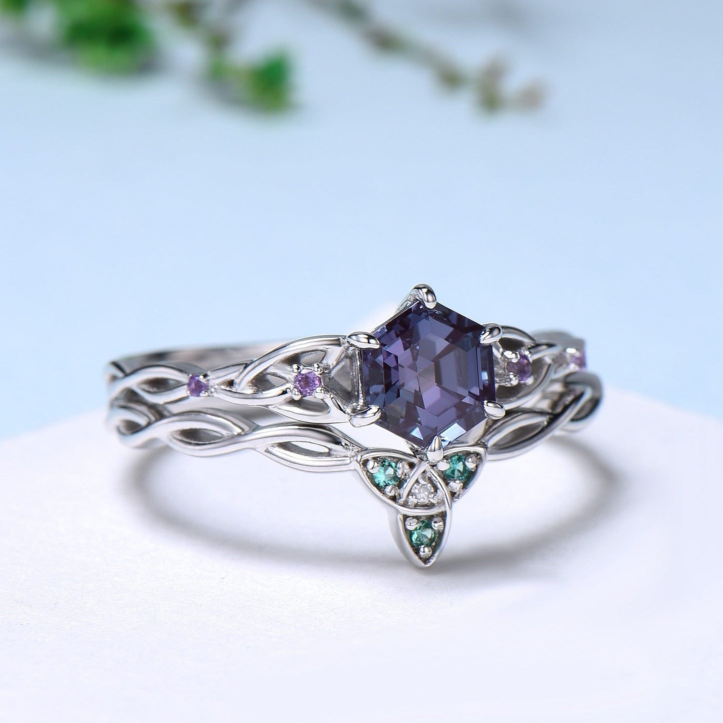 Norse Viking Hexagon Alexandrite Ring Set Celtic Love Knot Alexandrite Amethyst Engagement Ring Unique Twisted Wedding Ring Set For Women
