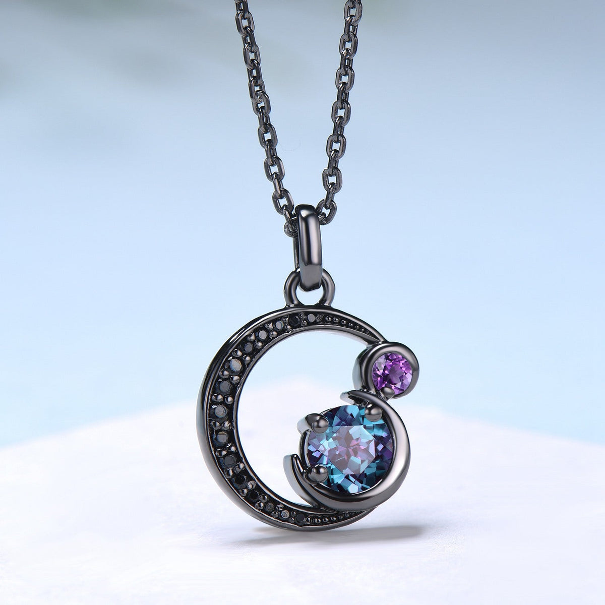 Unique Black Gold Alexandrite Necklace Magic Crescent Moon Amethyst Black Spinel Pendant Necklace Halloween Gothic Anniversary gift for girl