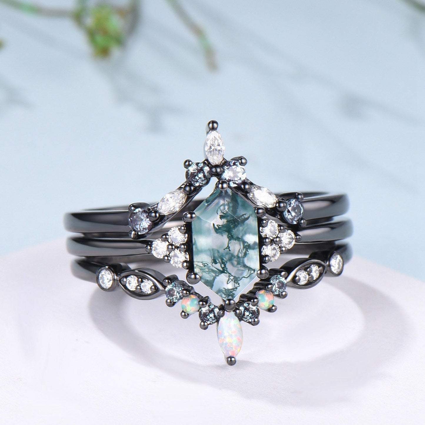3pcs Black Gold Moss Agate Wedding Ring Set, Long Hexagon Natural Green Agate Gothic Engagement Ring, Unique Alexandrite Opal Stacking Band