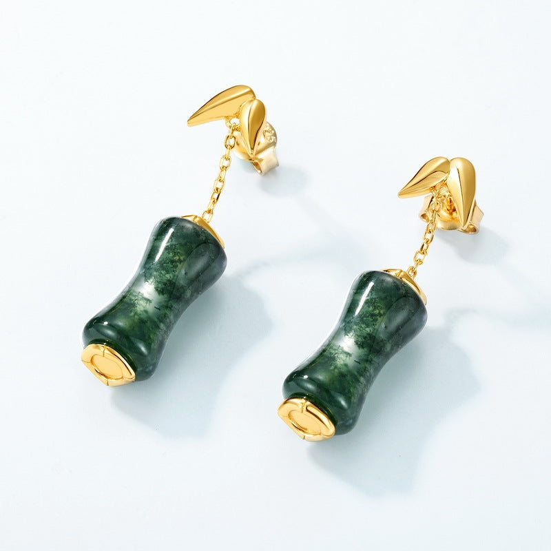 Zen Bamboo Moss Agate Dangle Earrings Elegant Forest Jewelry