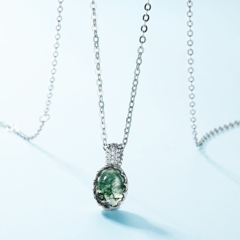 Vintage Oval Natural Moss Agate Necklace Filigree Forest Green Pendant