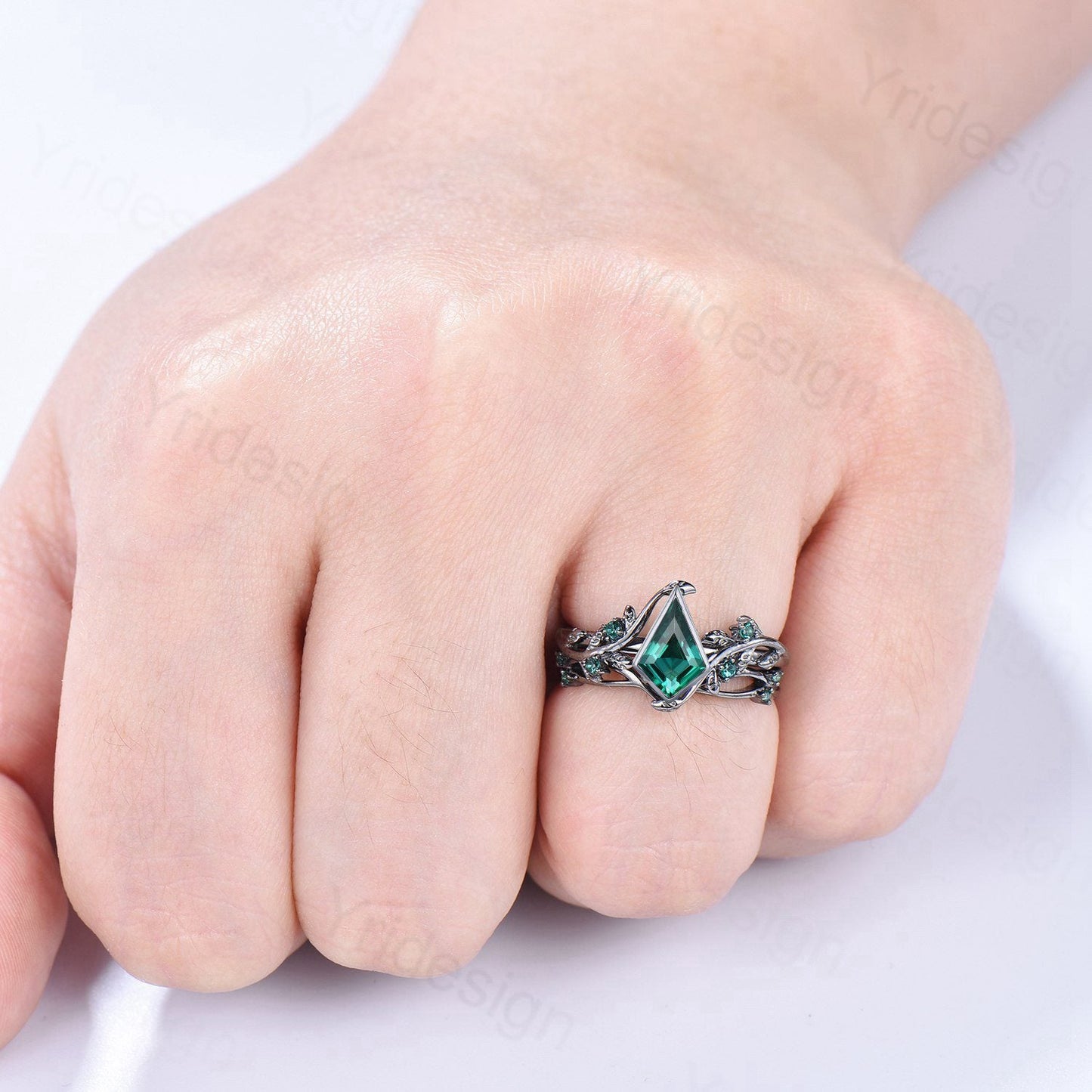 Gothic Forest Vine Kite Cut Emerald Engagement Ring Set | Black Gold & Bezel Wedding Set