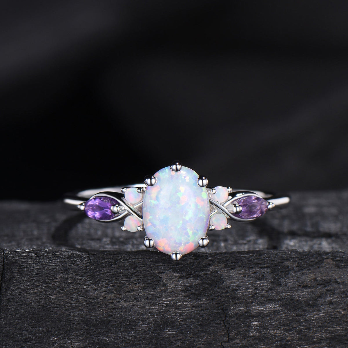 Vintage oval opal engagement ring set 14k white gold twisted unique fire opal amethyst wedding ring set art deco anniversary gift bridal set