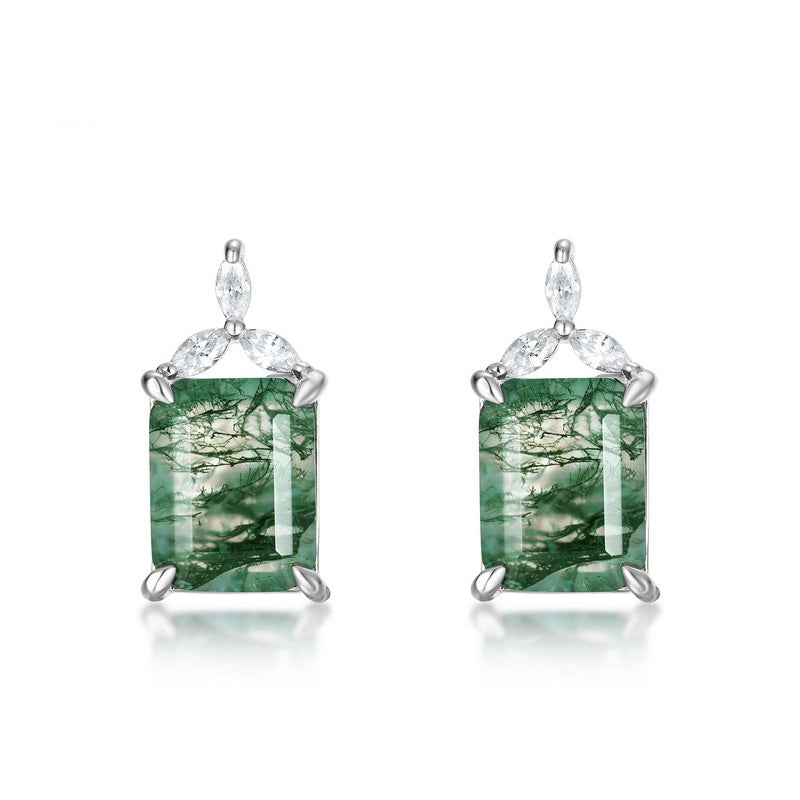 Elegant Forest Emerald Cut Moss Agate Earrings - Sophisticated Nature Inspired Gift