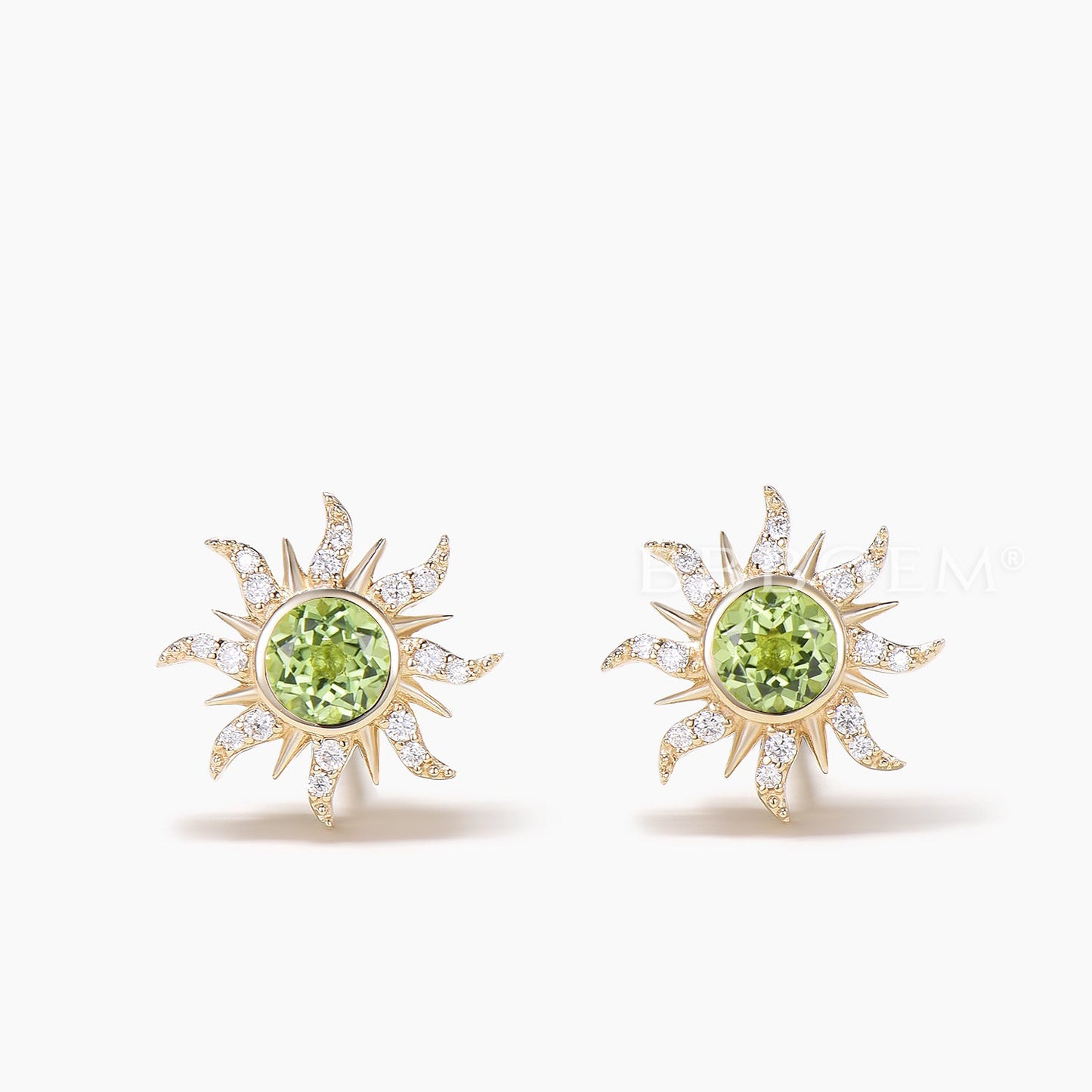 Round Cut Natural Peridot Sun Stud Earrings Diamond Wedding Earrings