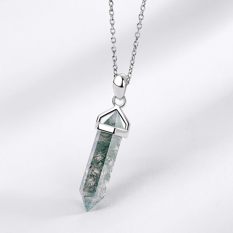 Long Hexagon Cut Guardian Tower Moss Agate Necklace Pendant