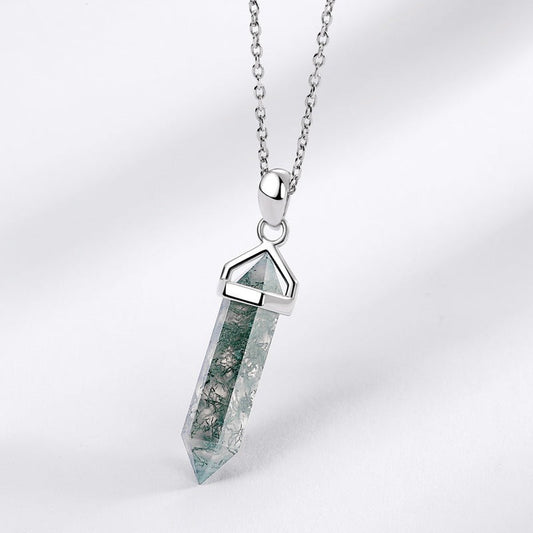Long Hexagon Cut Guardian Tower Moss Agate Necklace Pendant