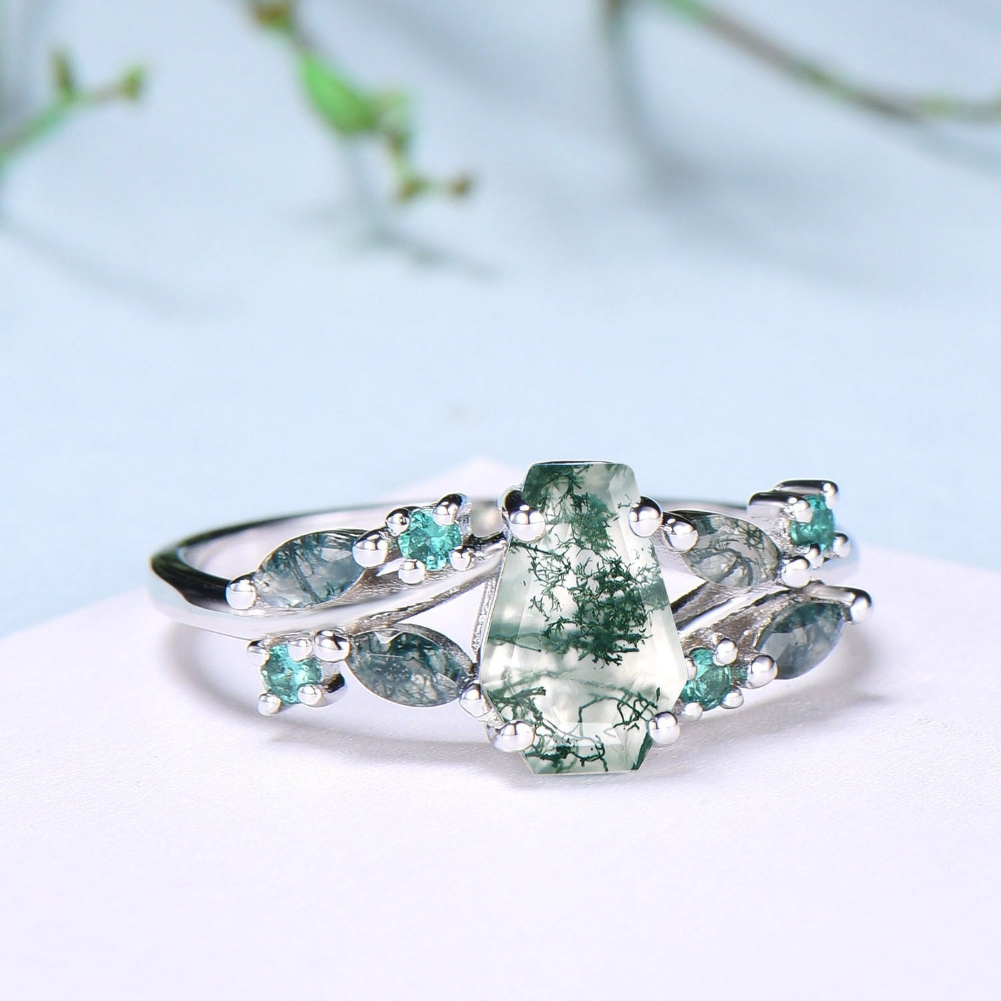 Unique Coffin Cut Moss Agate Ring Split Shank Engagement Ring Cluster Emerald Agate Wedding Ring MARRIED TILL BURIED Green Promise Ring Gift