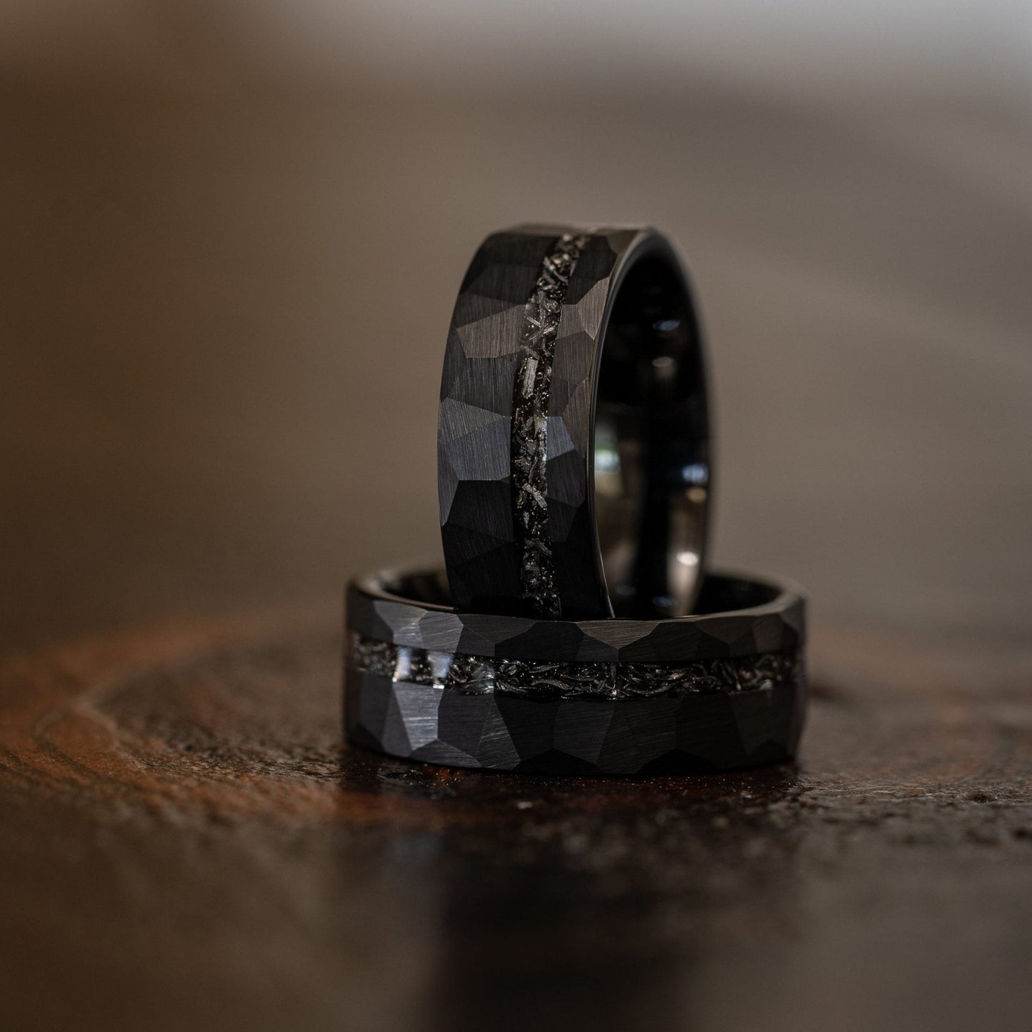 8mm tungsten men's wedding band steel hammered black ring inlaid with broken meteorite