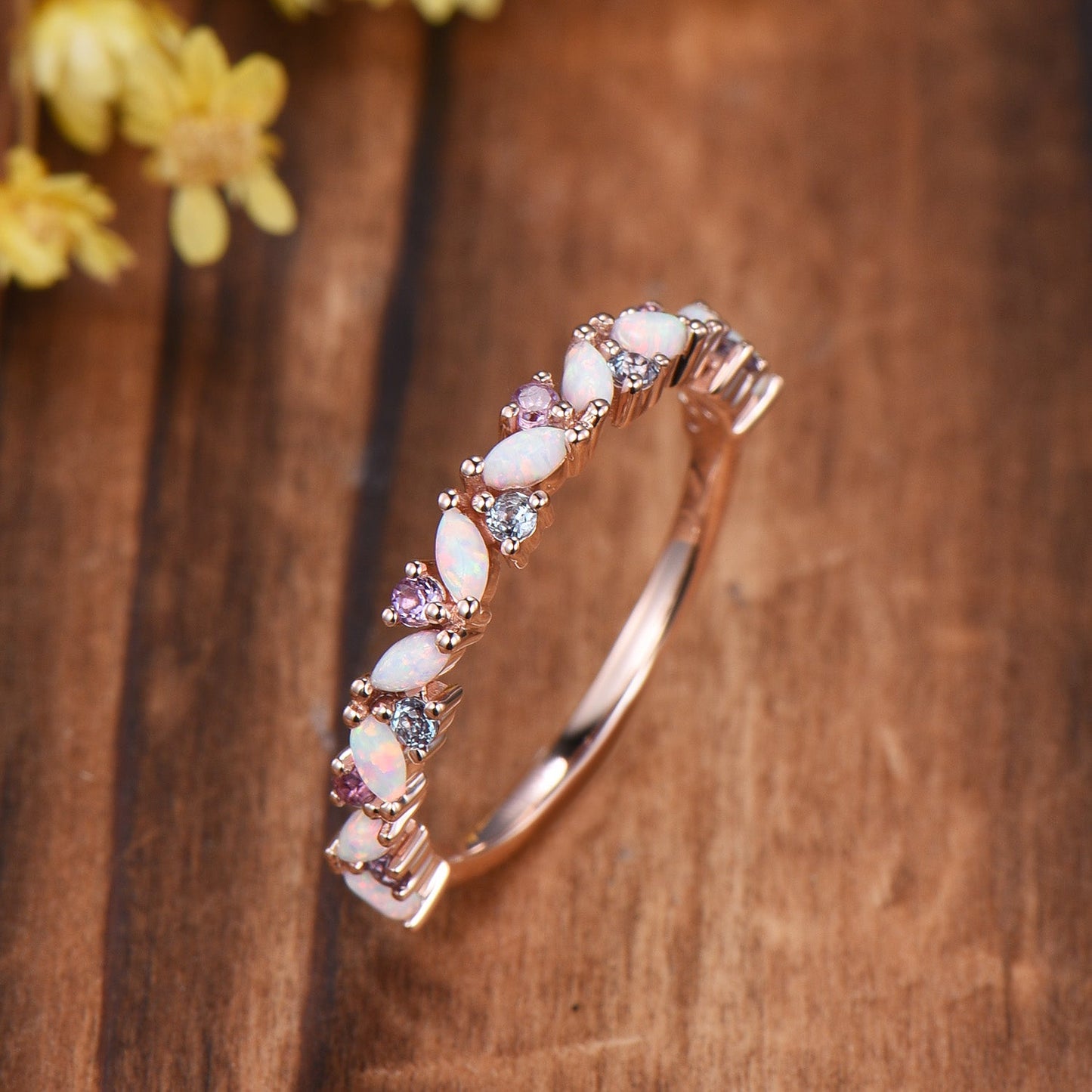Marquise Opal Wedding Band: Alternative alexandrite amethyst Solid Gold Anniversary Ring