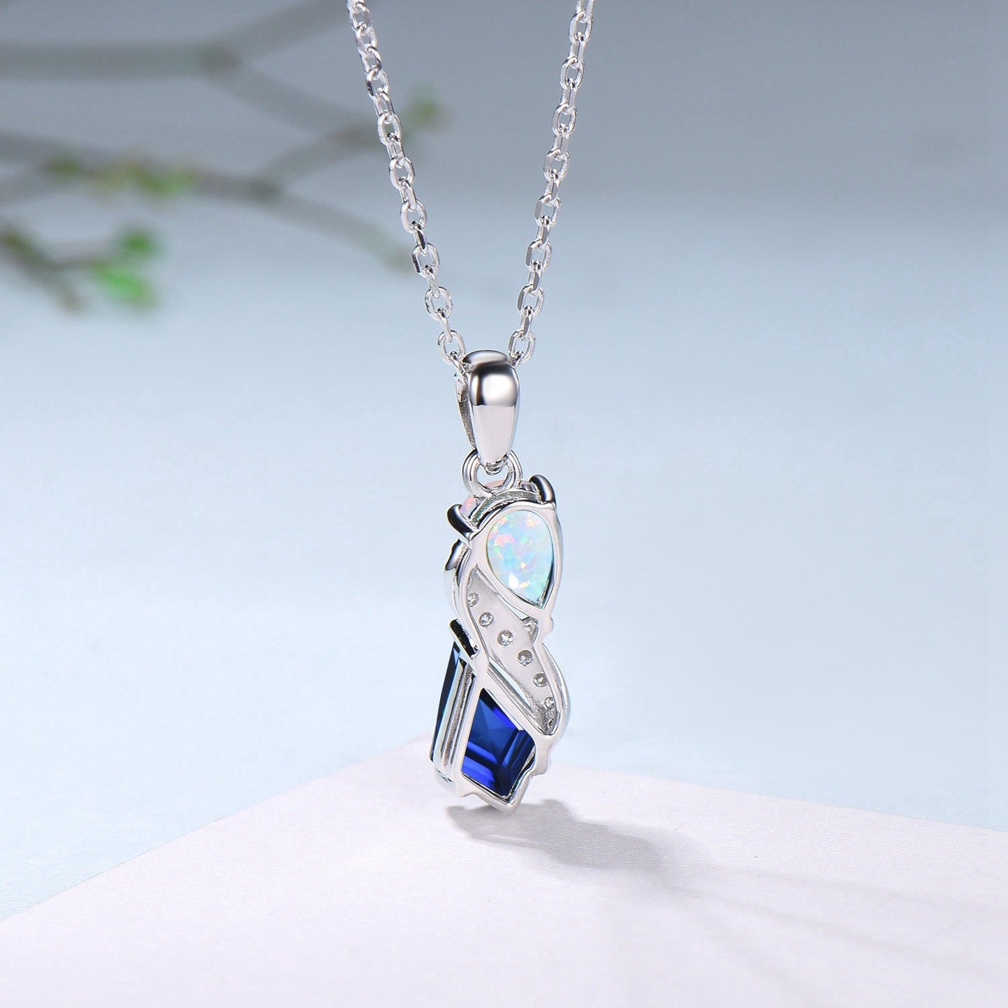 Unique Opal Sapphire Necklace Pendant Women Alternative Moissanite Pear Shaped Opal & Kite Blue Sapphire