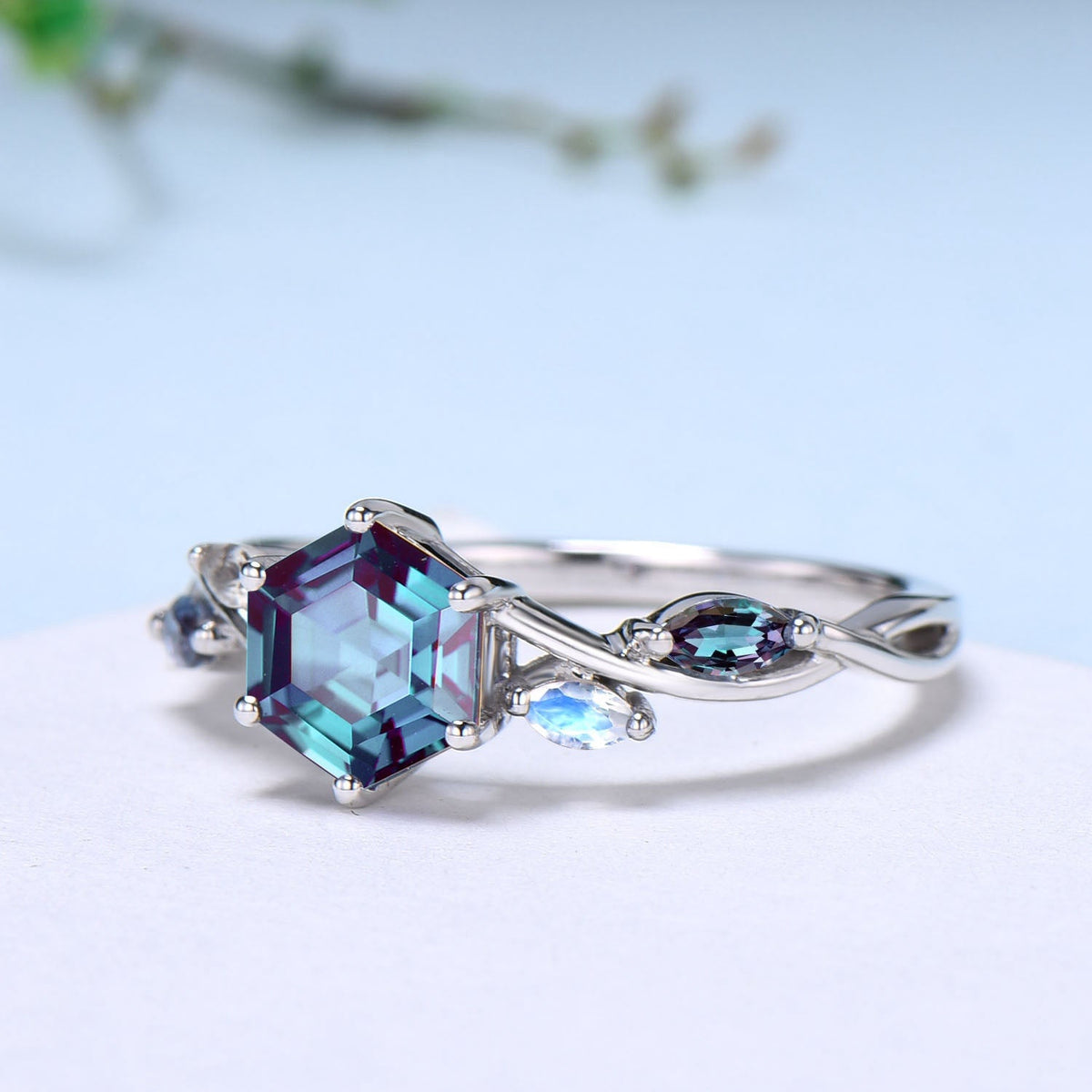 Vintage Hexagon cut Alexandrite engagement ring five stone marquise moonstone wedding ring June birthstone split shank anniversary ring gift