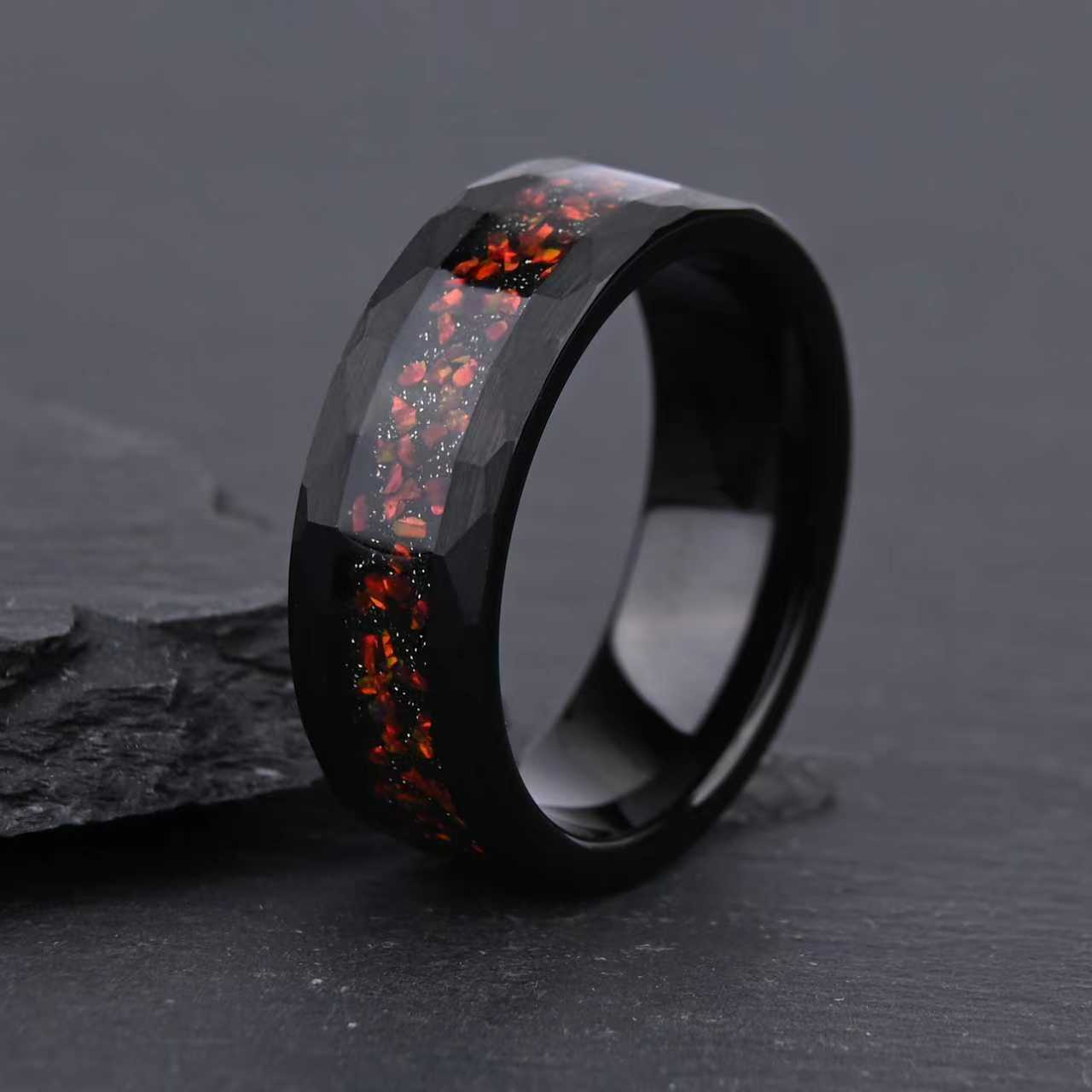 8mm Black Tungsten Ring for Men, Hand Hammered Finish with Red Opal Inlay