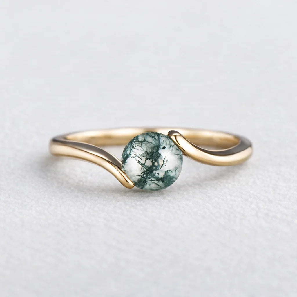 One Stone | Minimalist Solitaire Round Moss Agate Women’s Engagement Ring