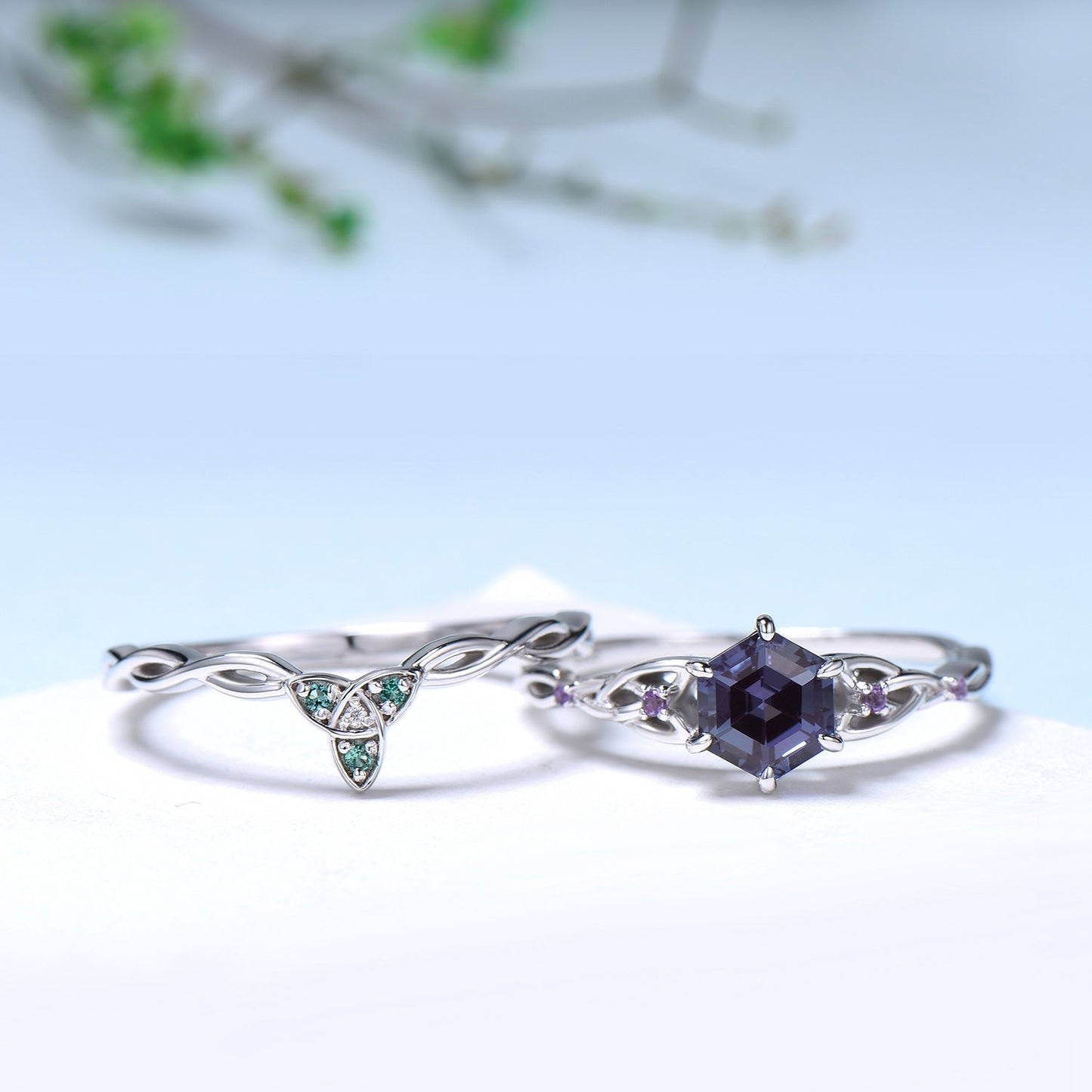 Norse Viking Hexagon Alexandrite Ring Set Celtic Love Knot Alexandrite Amethyst Engagement Ring Unique Twisted Wedding Ring Set For Women