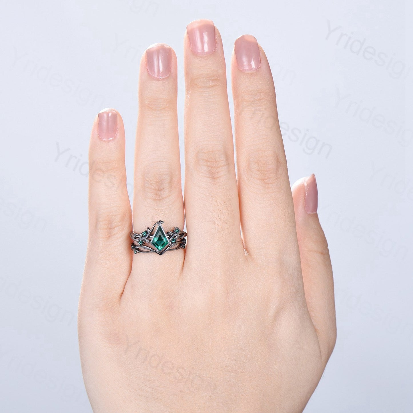 Gothic Forest Vine Kite Cut Emerald Engagement Ring Set | Black Gold & Bezel Wedding Set
