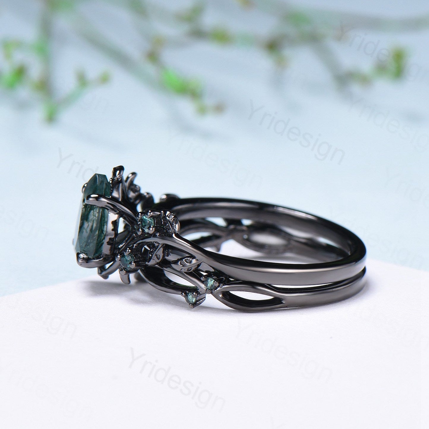 Black gold pear shaped moss agate wedding ring set, Nature inspired green agate twig vine engagement ring set, Leafy bridal ring set for her