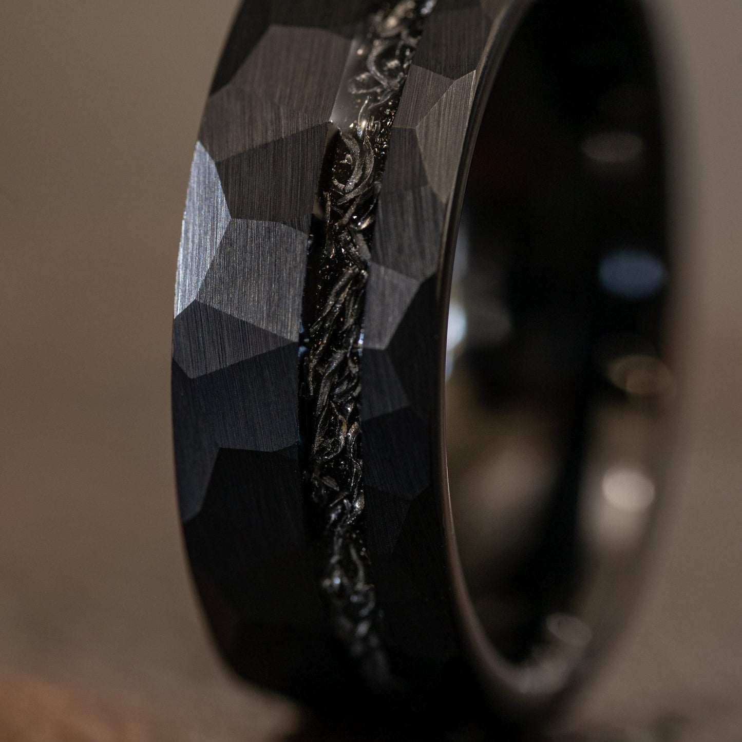 8mm tungsten men's wedding band steel hammered black ring inlaid with broken meteorite