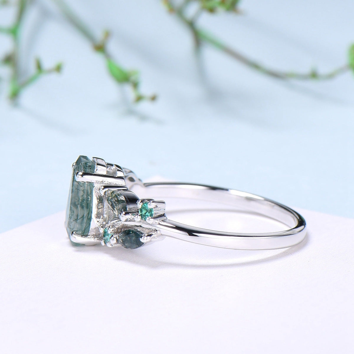 Unique Coffin Cut Moss Agate Ring Split Shank Engagement Ring Cluster Emerald Agate Wedding Ring MARRIED TILL BURIED Green Promise Ring Gift