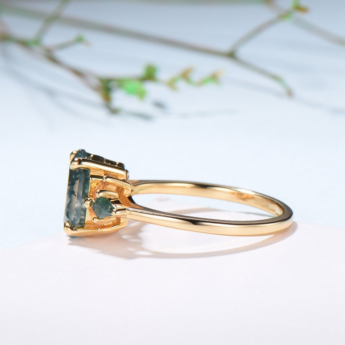 Elongated Hexagon Moss Agate Ring with Citrine Accents - Woodland Sunburst Ring