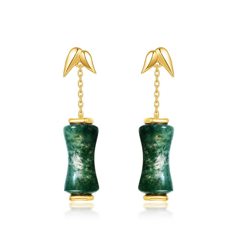 Zen Bamboo Moss Agate Dangle Earrings Elegant Forest Jewelry